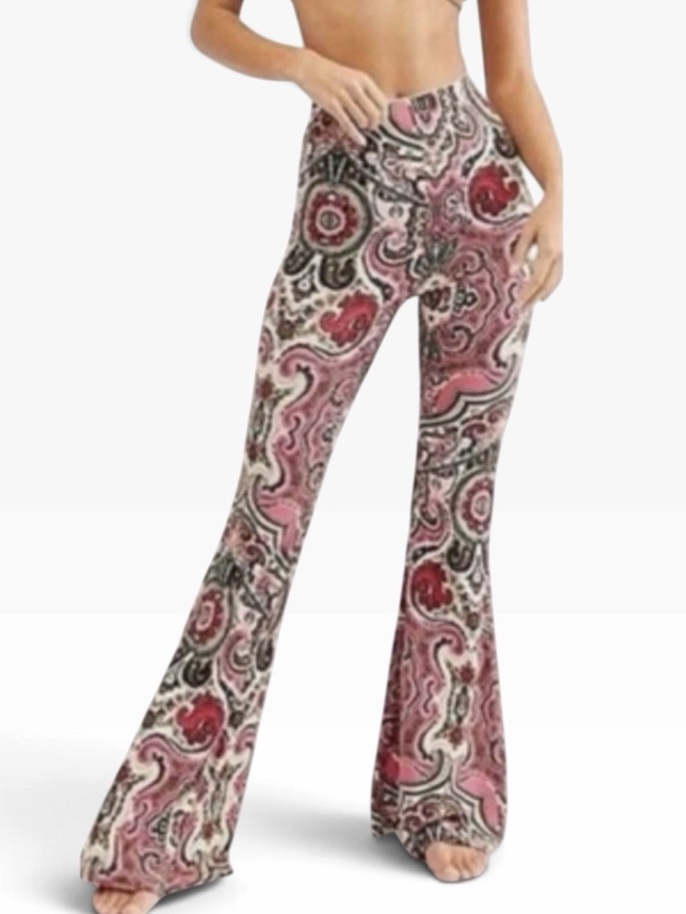 Free People High-Waist Pink Paisley Flared Pants
